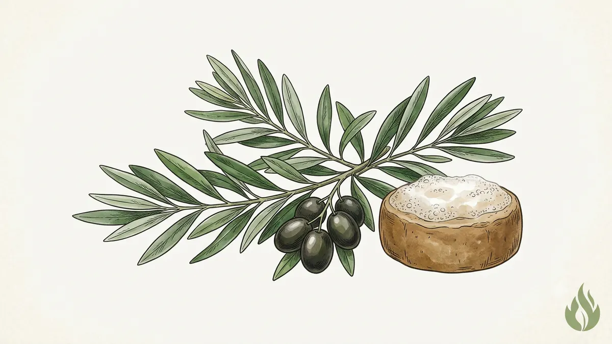 Zeytin dalının yanında köpüklü bir zeytinyağlı sabun kalıbı